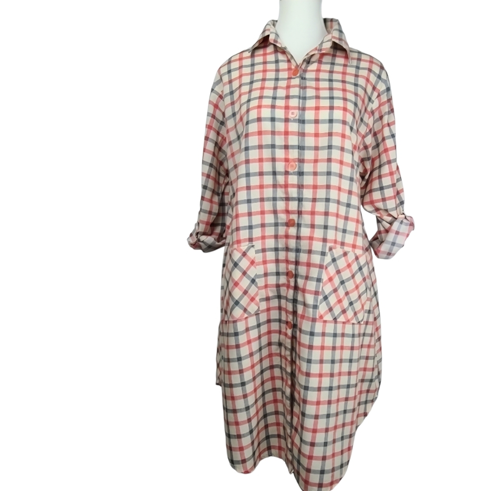 Plaid Gingham Button-Down Long Sleeve Shirt Midi Lightweight Casual Dress